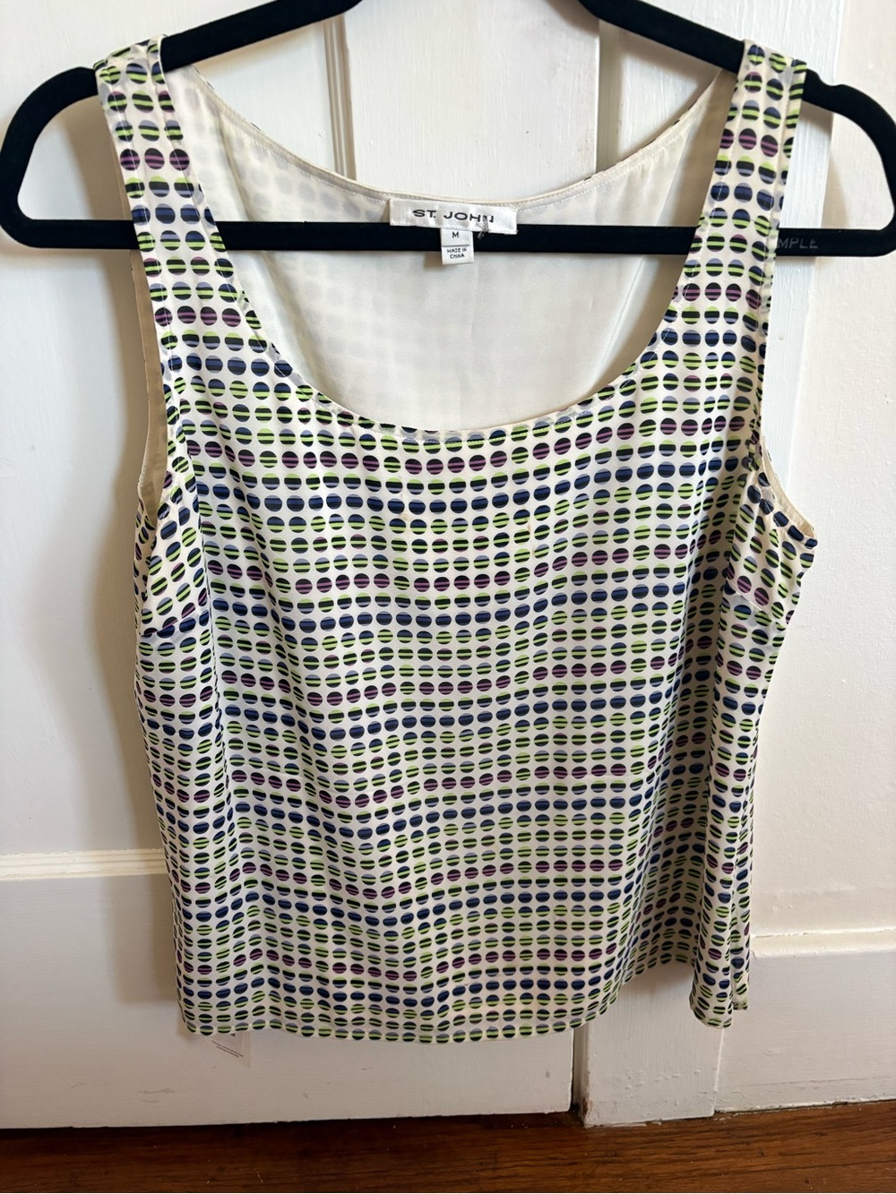 St. John Scoop Neck Printed Tank Top in White with Green & Purple Dots